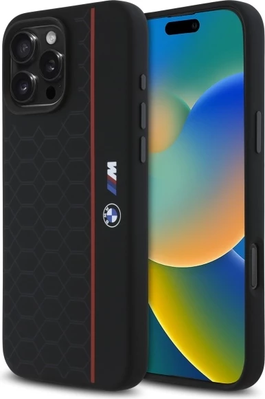 Silikonski ovitek za iPhone 16 Pro Max, šestkotni z rdečo črto, združljiv z MagSafe — BMW, črn
