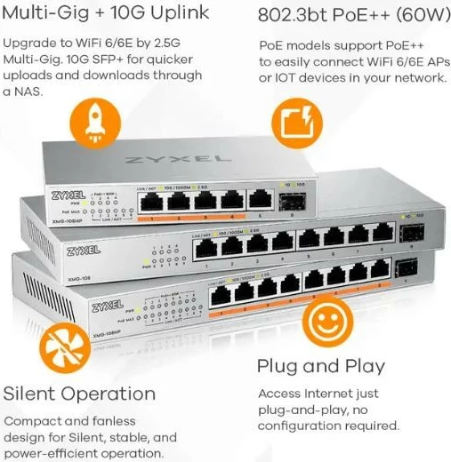 Stikalo 8 vrat 2,5G, 1 SFP+, namizno, srebrno Zyxel XMG-108-ZZ0101F