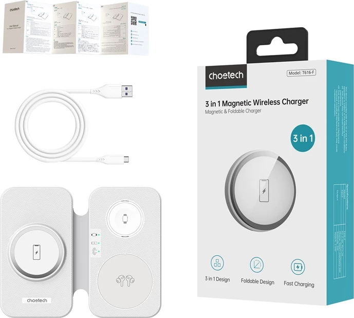 3-v-1 brezžični polnilec Choetech T616-F, bel