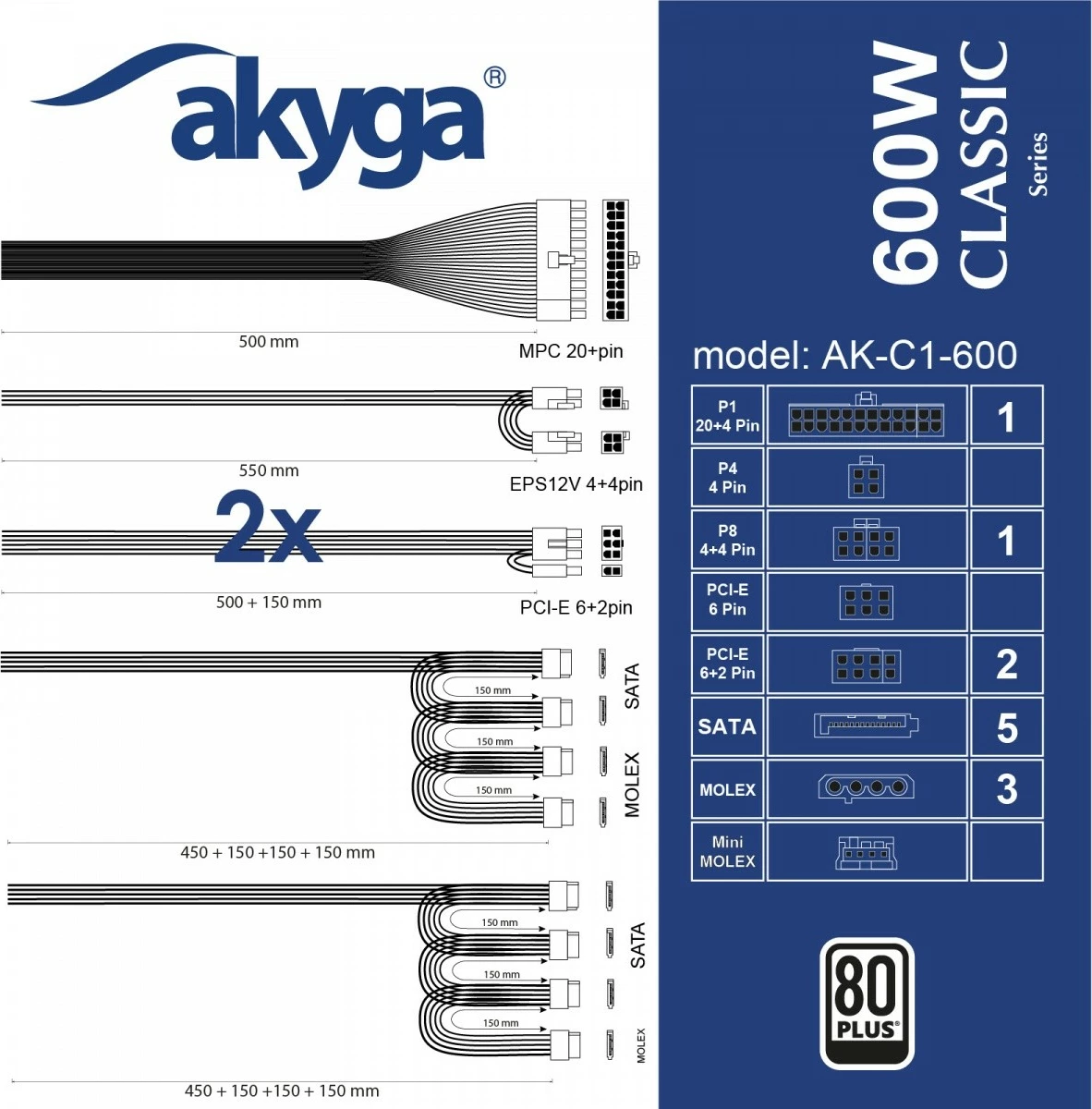 Napajalnik 600 W, ATX, 80 PLUS, AKYGA AK-C1-600, črn