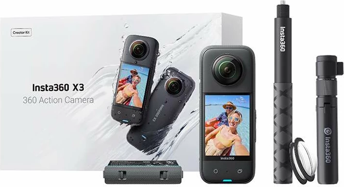 Akcijska kamera Insta360 X3 Creator Kit, 360°, 4K, 72MP, črna, komplet z dodatki