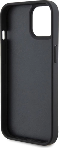 Odebeljen ovitek z metalnim logotipom Ferrari za iPhone 15, eko usnje, črn