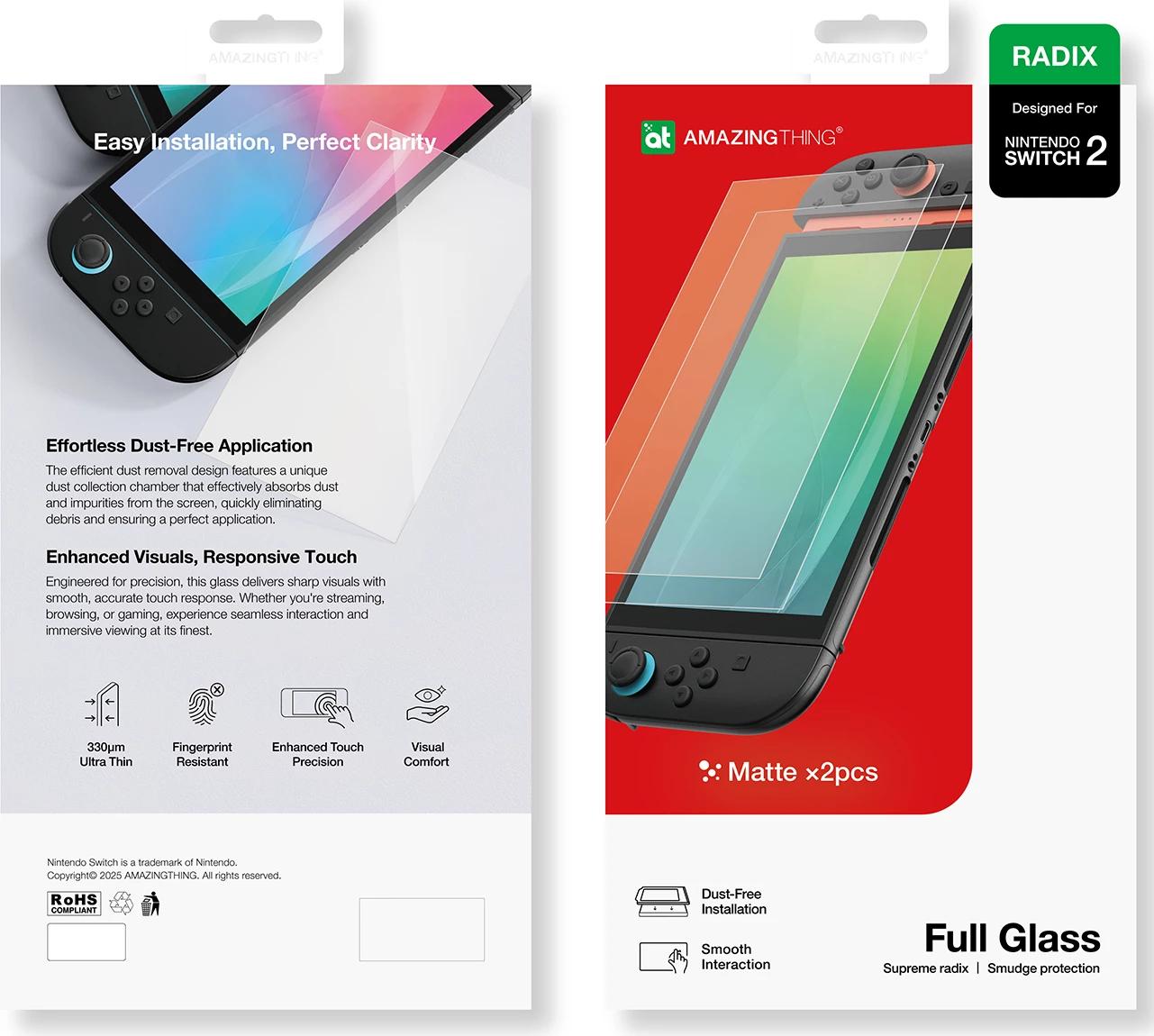 Matirano zaščitno steklo za zaslon za Nintendo Switch 2, AmazingThing Radix, set 2 kosa