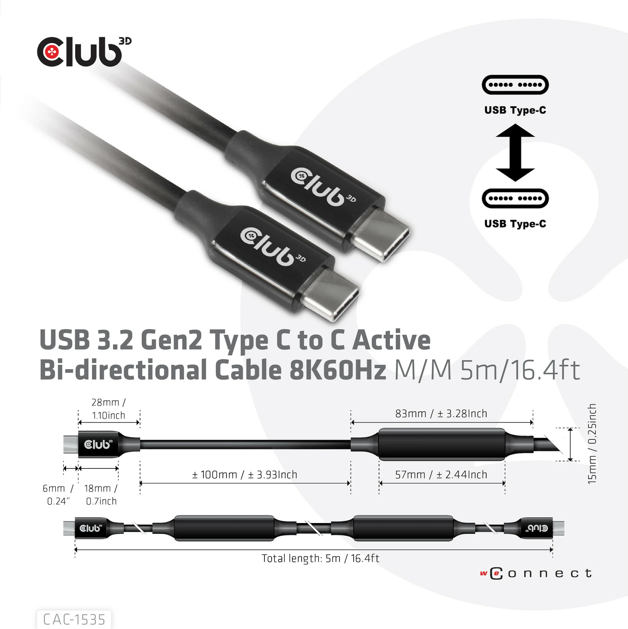 USB-C kabel 5 m, USB 3.2 Gen 2, 60 W, črn Club3D