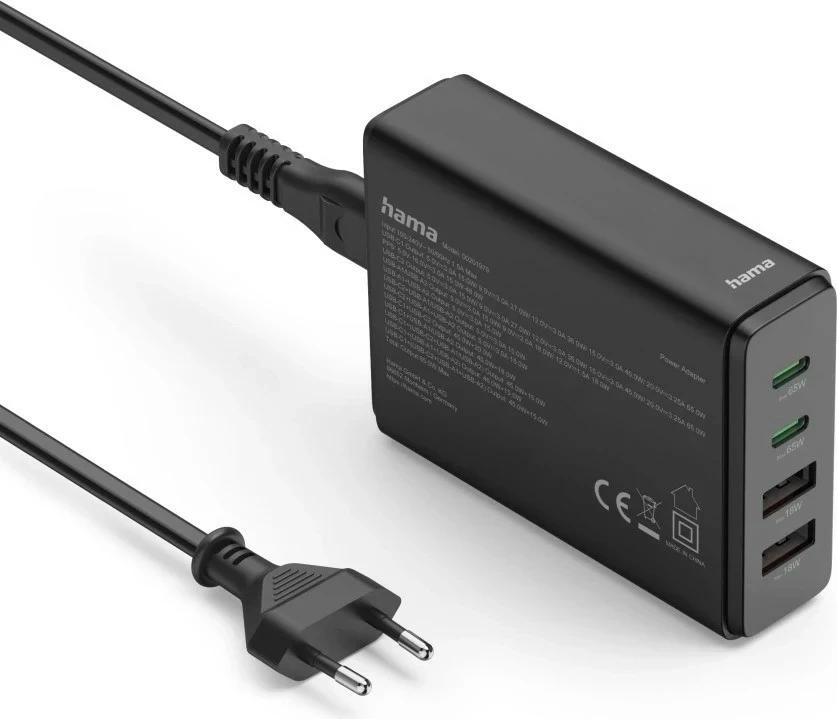 Univerzalni polnilnik GaN 65W, Hama, 2x USB-C, 2x USB-A, črn