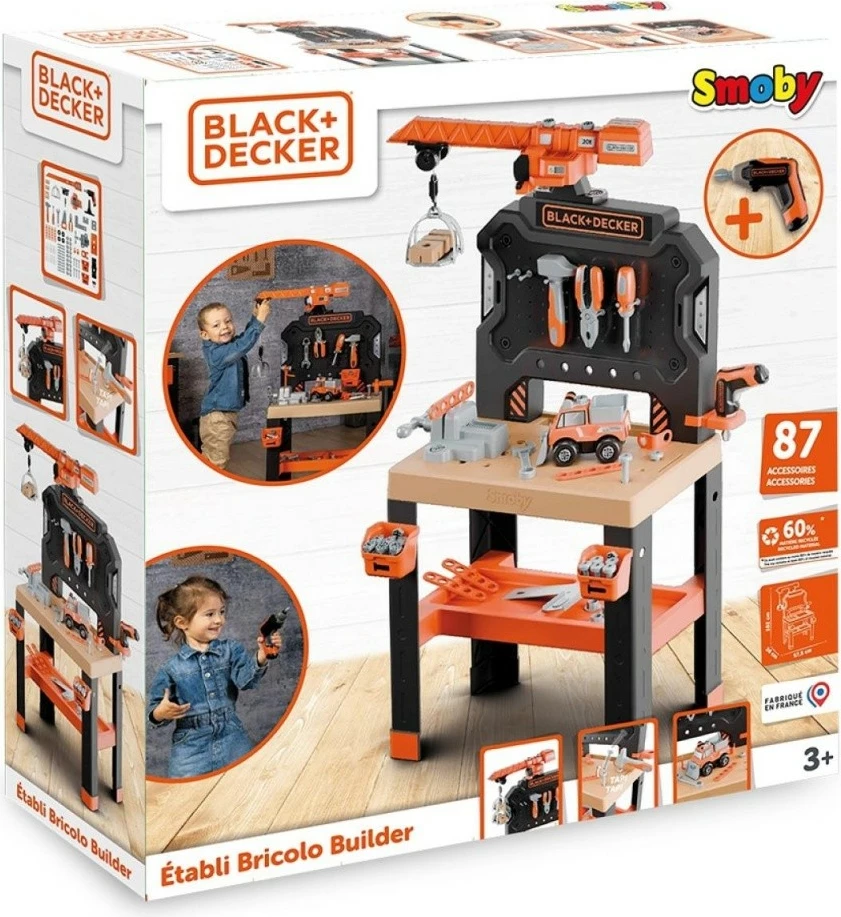 Delavnica z dvigalom Smoby Black+Decker Bricolo Builder, komplet igrač, 87 kosov