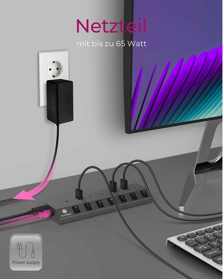 USB razdelilnik ICY BOX IB-HUB1701-C3, 7 vrat, USB 3.2, aluminij, antracit