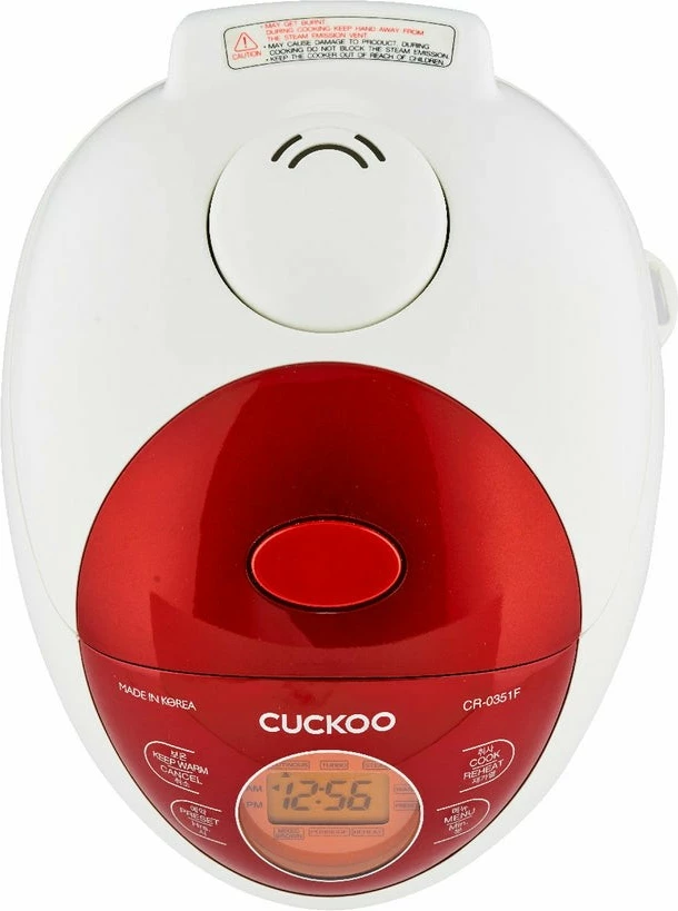 Električni kuhalnik riža Cuckoo CR-0351F, 0,54 L, LCD zaslon, rdeče/belo