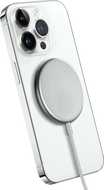 Brezžični polnilec CRONG MagSpot, 15W, MagSafe, USB-C, srebrn