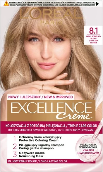 Barva za lase L'Oreal Paris Excellence Creme 8.1 svetlo pepelnato blond, za ženske, 1 kos