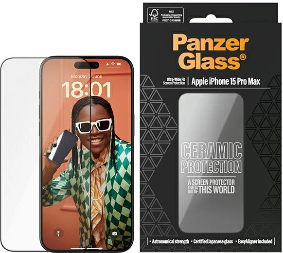 Keramični zaščitni zaslon, PanzerGlass za iPhone 15 Pro Max, z okvirjem za poravnavo