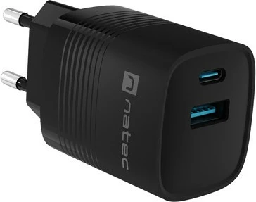 Stenski polnilec 30W, 1x USB-A + 1x USB-C, Natec Ribera GaN, črn