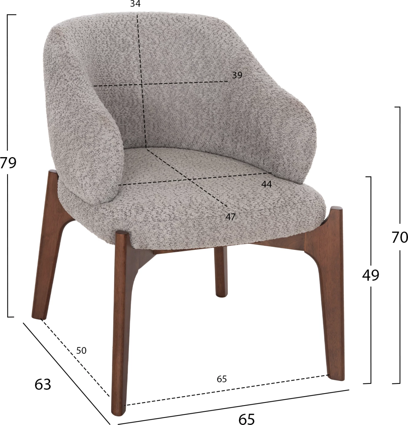 Jedilni stol ABAI FH9971.03 iz kavčukovca v barvi oreha - boucle tkanina v svetlo sivi barvi 65x63x79Hcm, set 2 kosov