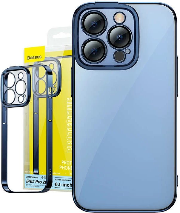 Ovitek za telefon s kaljenim steklom, moder - Baseus Glitter za iPhone 14 Pro