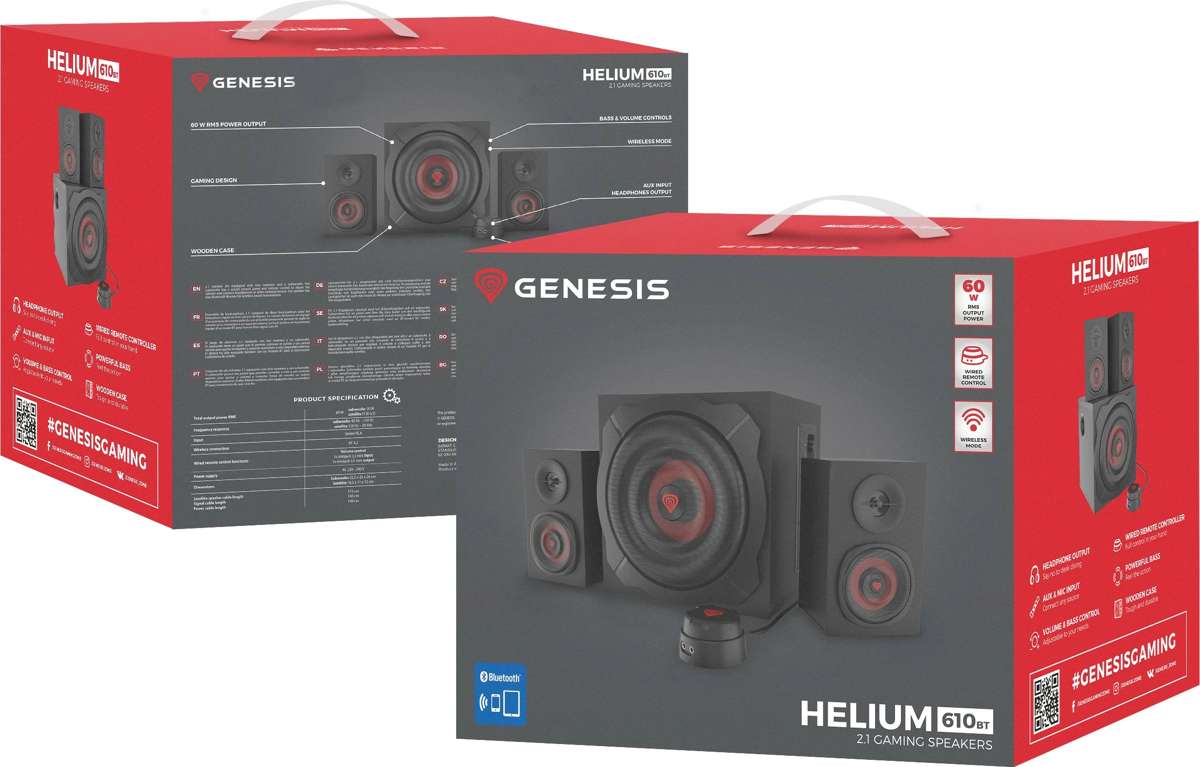 2.1 zvočniški sistem Genesis Helium 610BT, 60 W, Bluetooth, črn z rdečimi