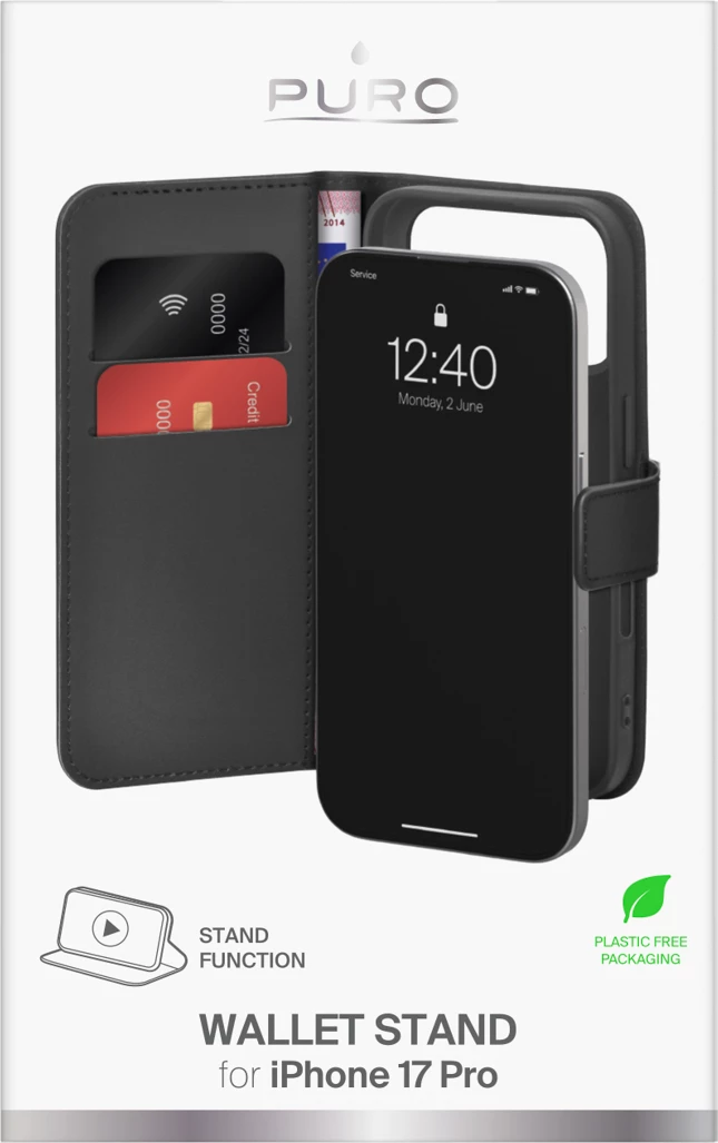 Ovitek z denarnico in stojalom Puro za iPhone 17 Pro, umetno usnje, črn