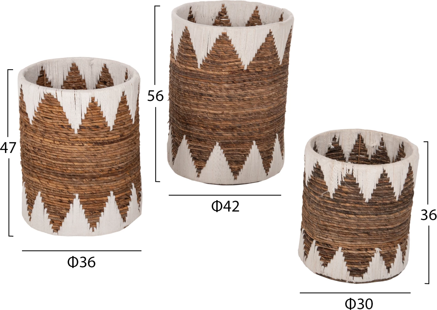 Okrogli košari brez pokrova 3 kosi FH4307 iz rogoza v naravni-beli barvi Φ42x56Hcm