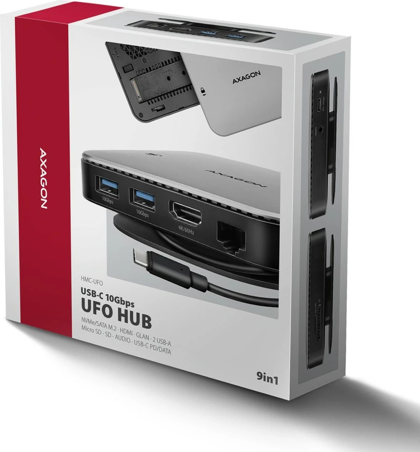 Multiportni USB-C hub, AXAGON HMC-UFO, 9-v-1, 10Gbps, 2x USB-A, HDMI 4K/60Hz, M.2 NVMe/SATA, avdio, PD 100W, SD/microSD, Gigabit Ethernet (RJ-45), 65 cm USB-C kabel, črn/srebrn