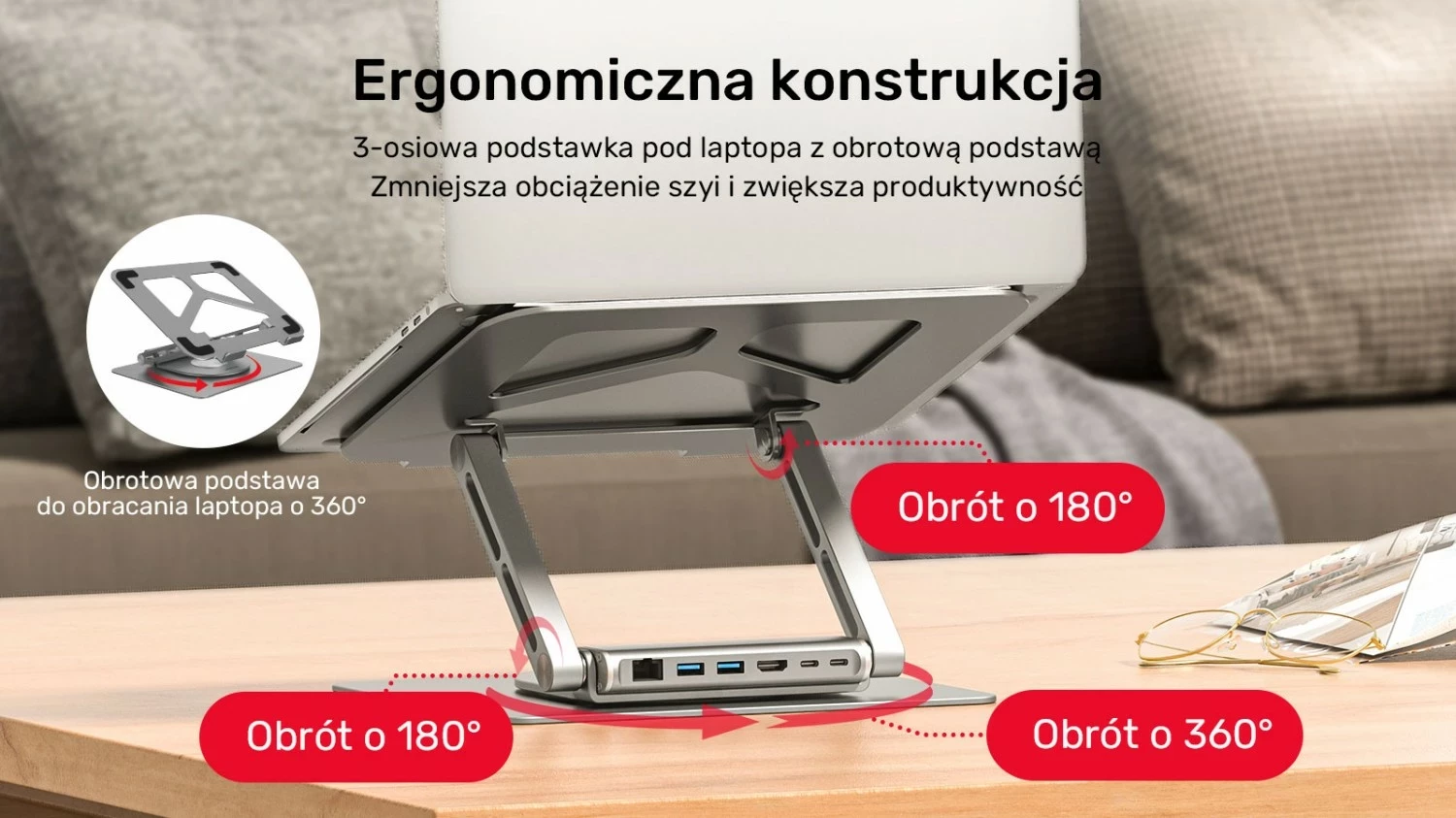 Stojalo za prenosnik Unitek USB-C HDMI 4K PD 100W, srebrno