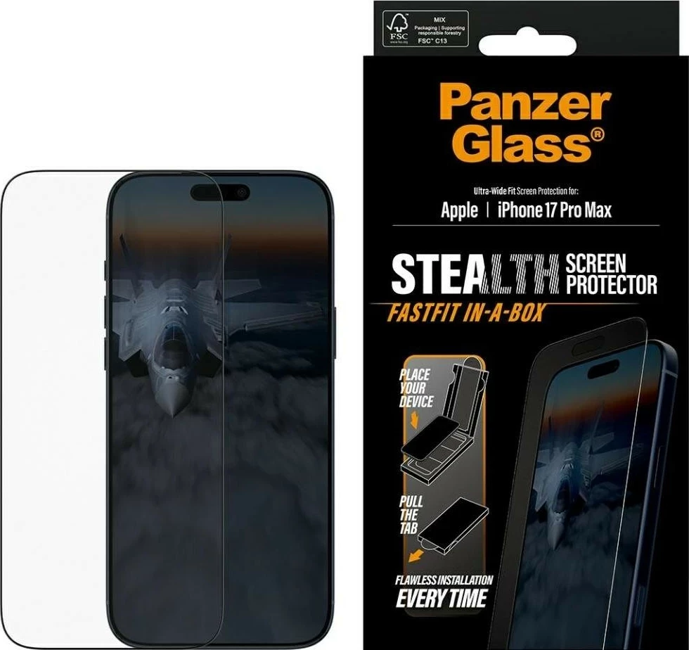Zaščitno steklo PanzerGlass Stealth Ultra-Wide Fit Fastfit za iPhone 17 Pro Max, prozorno