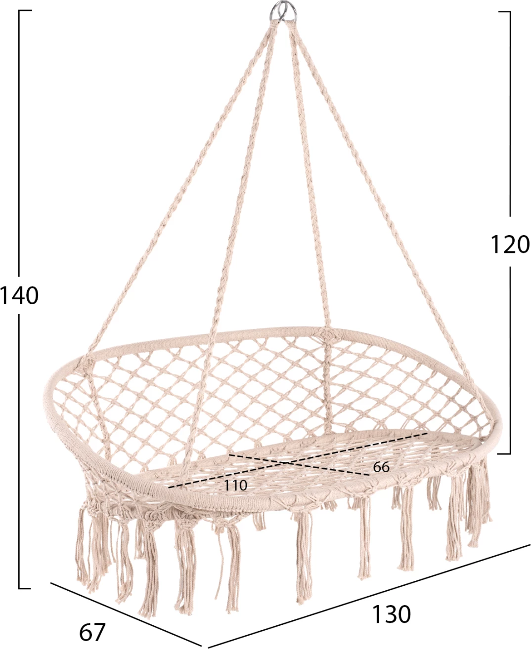 Viseče gnezdo FH5769 za 2 osebi iz makrame vrvi v bež barvi 130x67x120-140H cm.