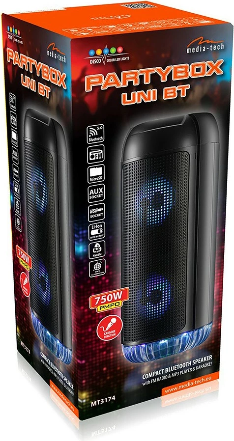 Prenosni zvočnik, 30W RMS, Bluetooth 5.0, Karaoke, FM, MP3, MicroSD, USB, AUX — Media-Tech PartyBox UNI BT MT3174, črn
