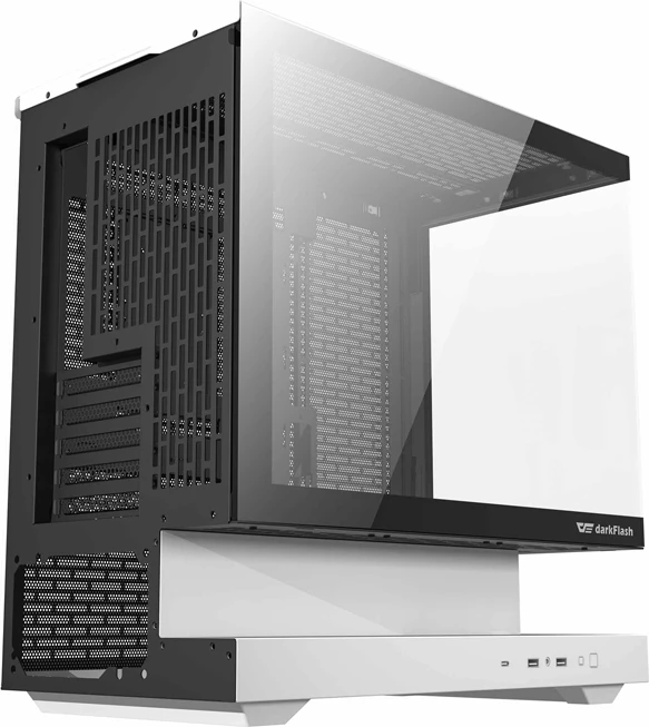 Računalniško ohišje Darkflash F1 midi tower, M-ATX/ITX, 3x HDD + 3x SSD, kaljeno steklo, USB-A 3.0 x2/USB-C, belo, komplet z 6 ARGB ventilatorji
