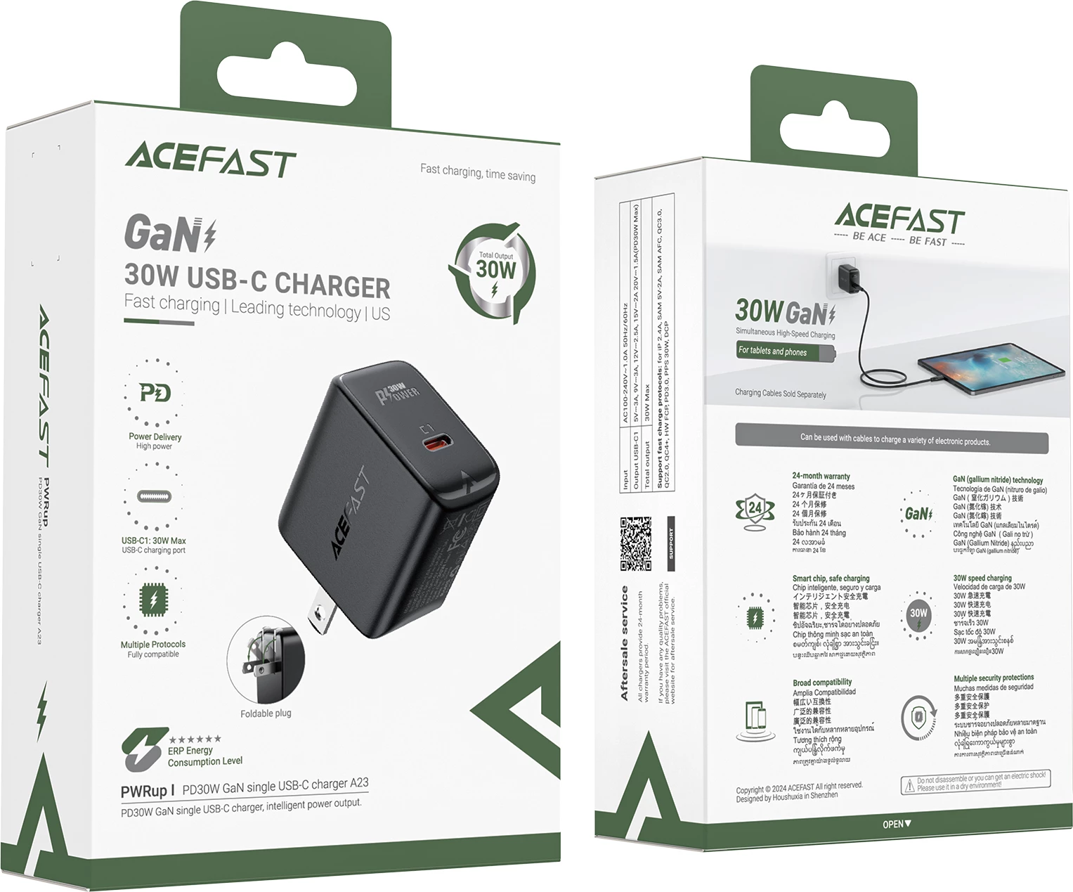 Stenski polnilec Acefast A23, 30W, GaN, USB-C, črn