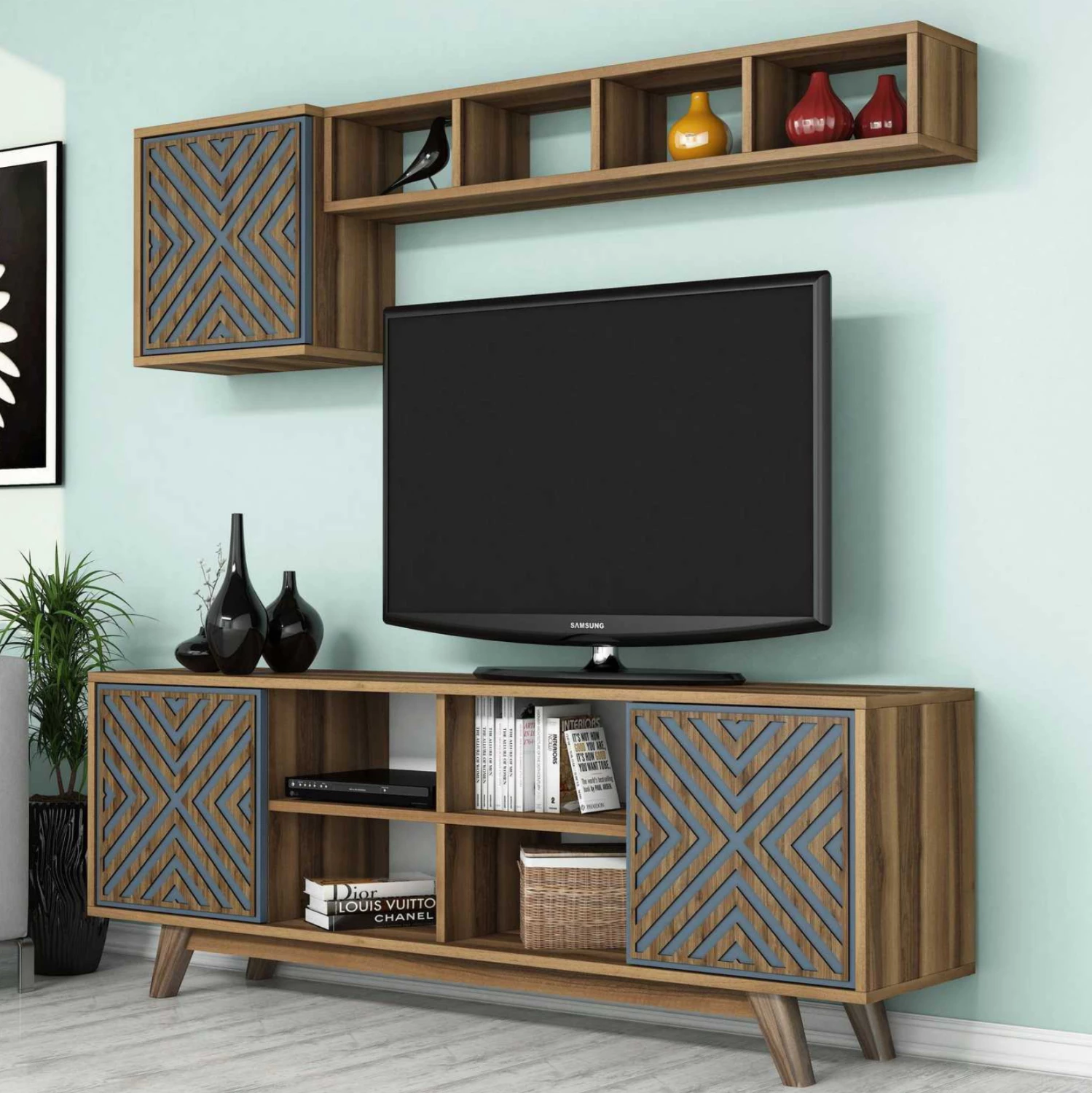 Komplet pohištva za TV FH9516.02 iz melamina v orehu in nebesno modri barvi 160x35x56.2Hcm