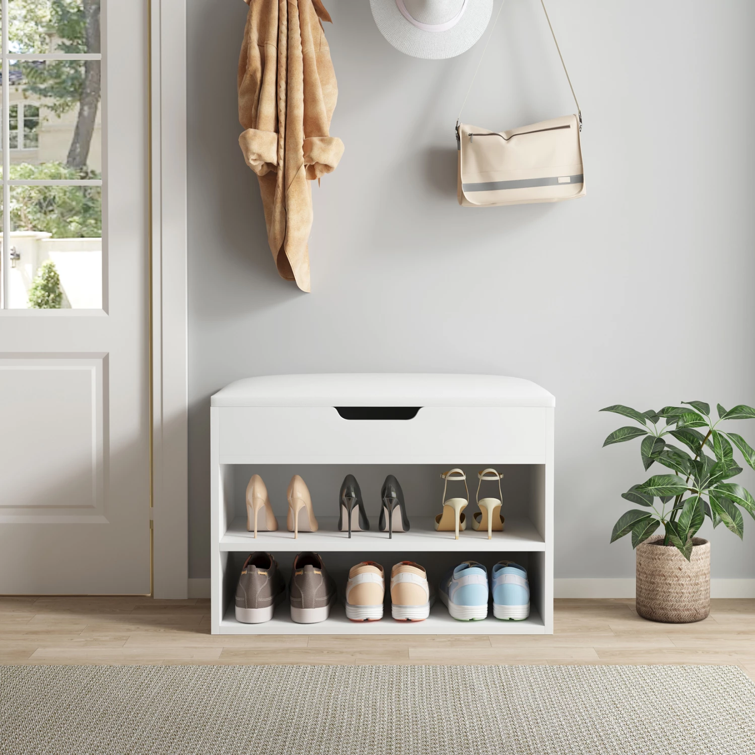 Stojalo za čevlje z sedežem ROMIR FH2477.03 melamin v beli barvi-beli PU sedež 60x30x44Hcm