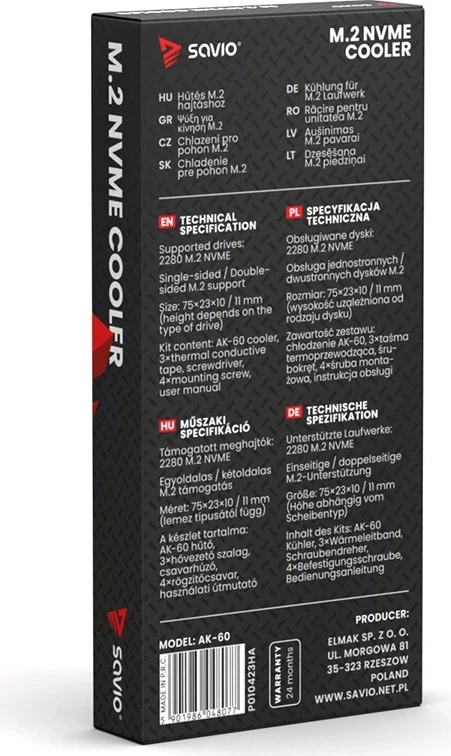 Hlajenje za M.2 NVME 2280, SAVIO AK-60, črno