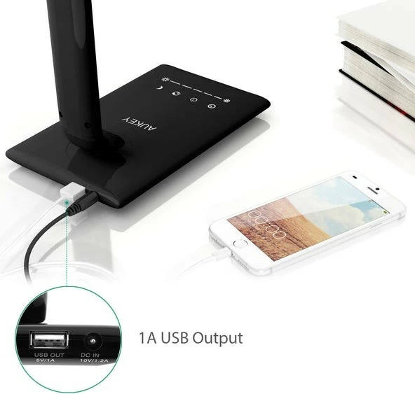 LED namizna svetilka, 12W, 3000–6500K, 7 stopenj zatemnitve, 5 načinov, USB, AUKEY LT-T10, črna