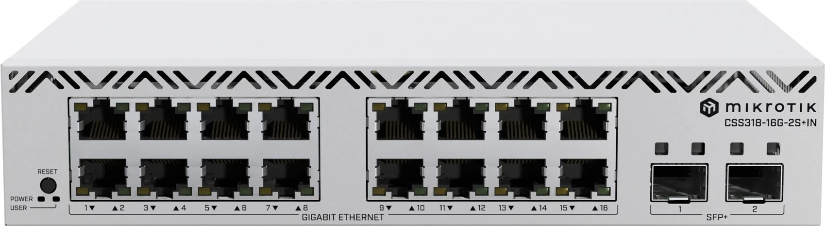 Voden stikalo z 16 Gigabit vhodi in 2 SFP+ režiami, MikroTik CSS318-16G-2S+IN, belo