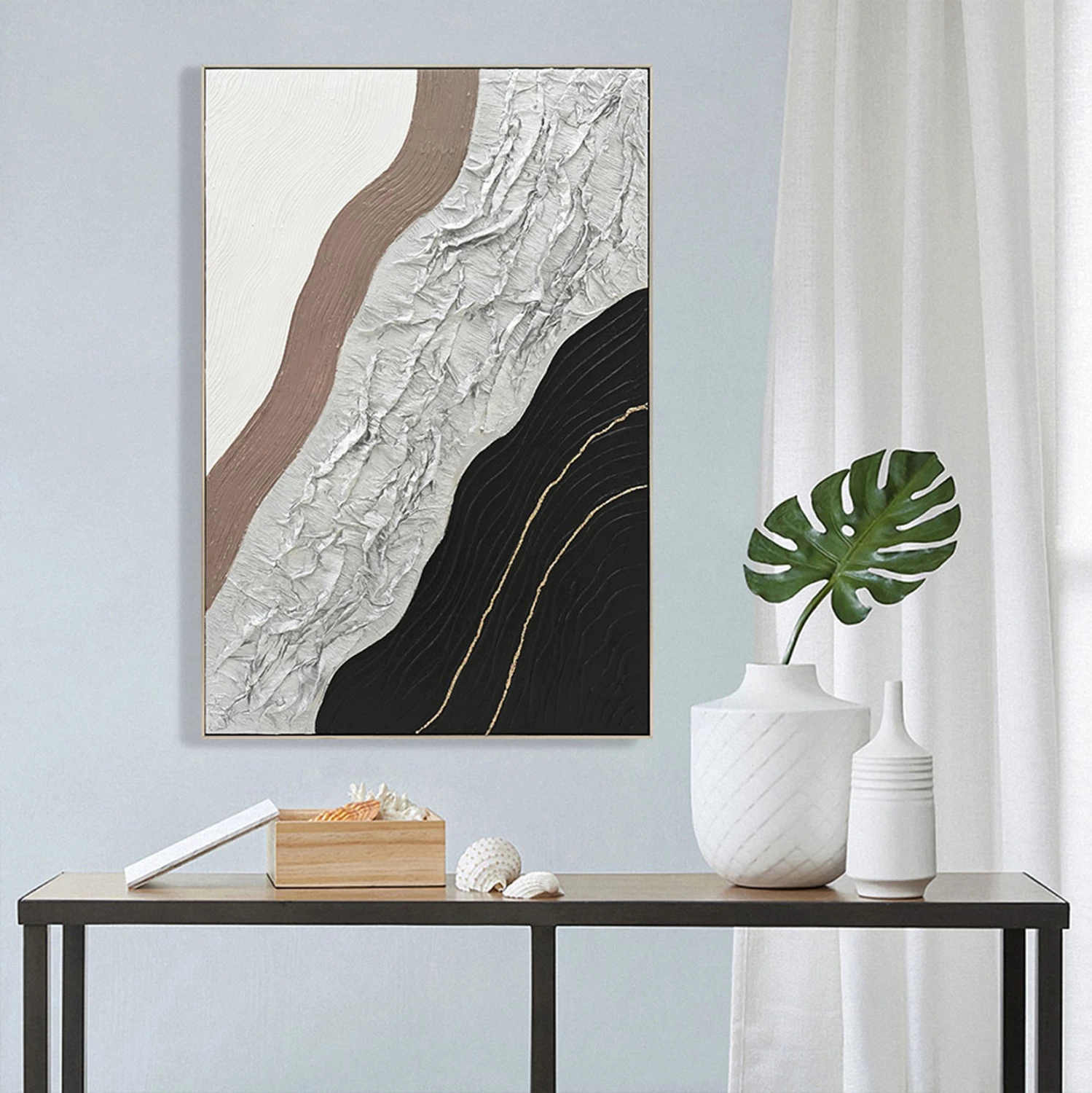 Stenska slika abstraktna FH4553.02 bež PS okvir-platno-ročno izdelana 82x4.5x122H cm