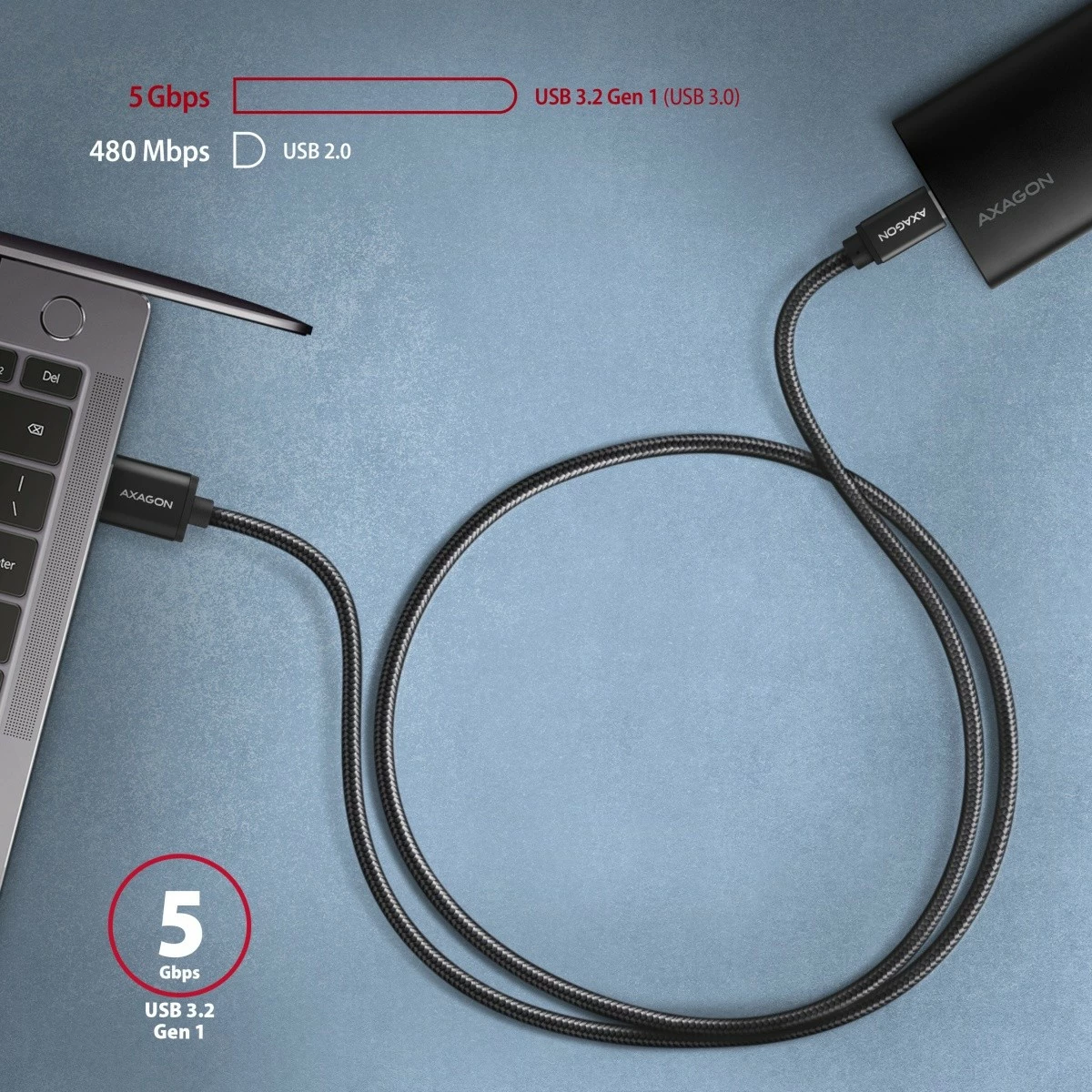 Kabel USB-C v USB-A, 2 m, 3 A, opleten z najlonom AXAGON BUCM3-AM20AB, črn