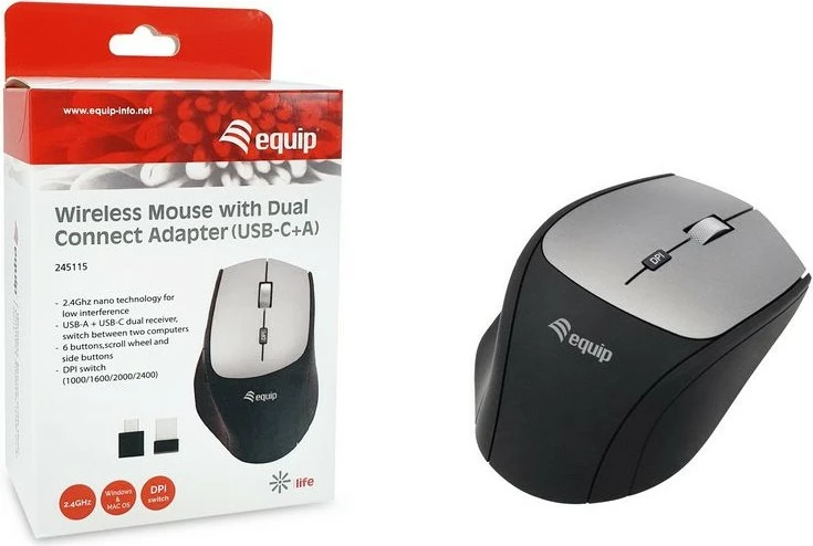 Brezžična miška Equip 245115, dvojni adapter USB-C in USB-A, 2400 DPI, črna