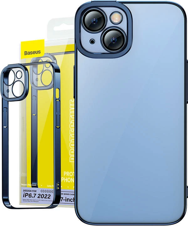 Ovitek za telefon z modrimi robovi in kaljenim steklom, Baseus, iPhone 14 Plus, modra, komplet