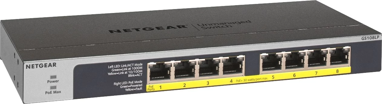 Neposredno upravljan Gigabit switch NETGEAR GS108LP, 1U, črn, s PoE+