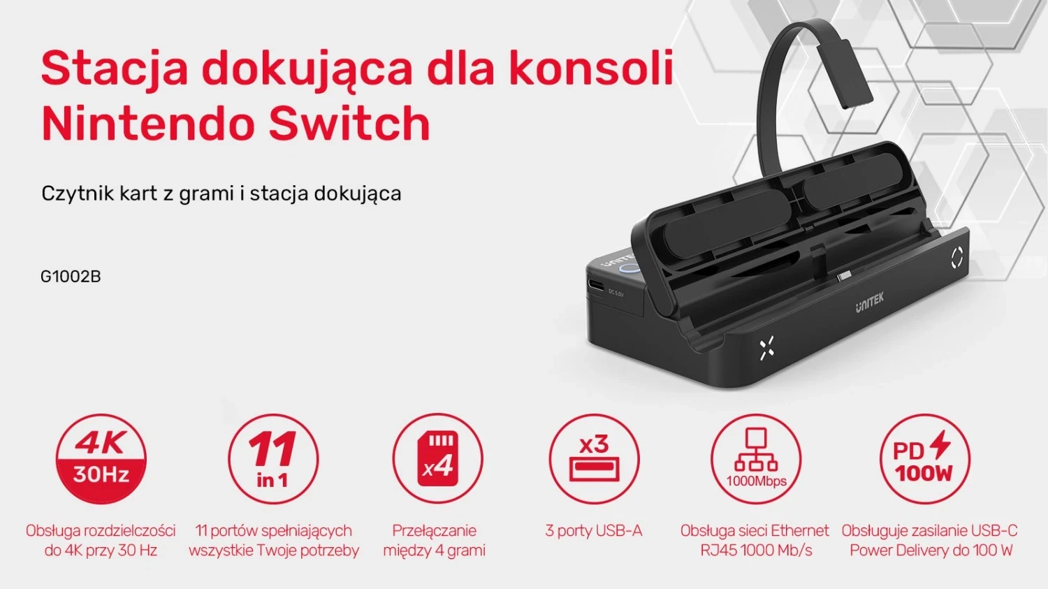 Stojalo za Nintendo Switch Unitek, 100W 4K, črno