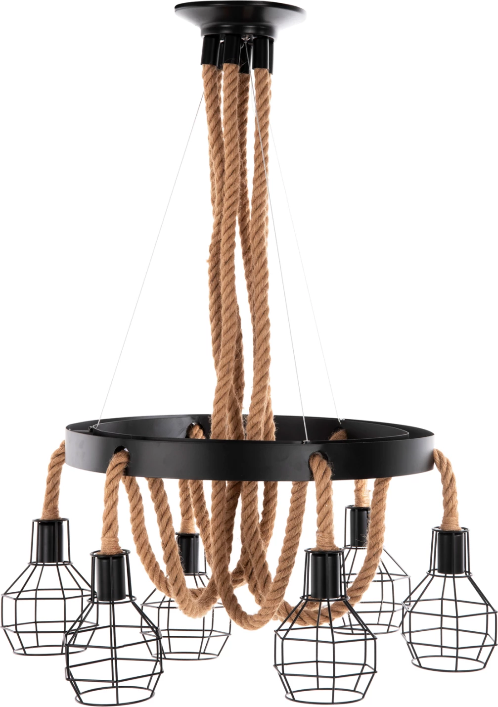 Stropna viseča svetilka FH4130 6-delna črna kovina-vrv Φ54-60x125Hcm