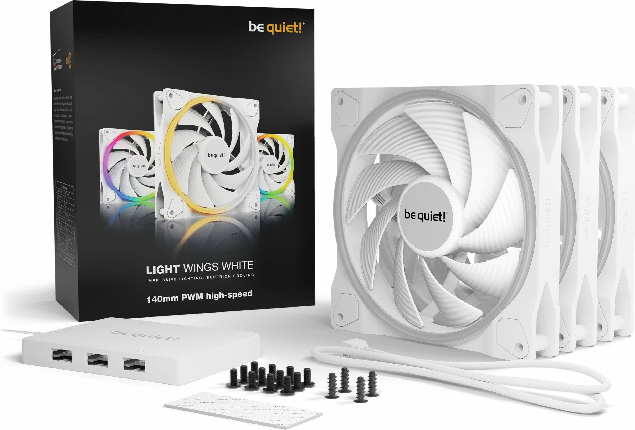 Ventilatorji za ohišje LIGHT WINGS 140 mm PWM, komplet 3, belega, Be Quiet!