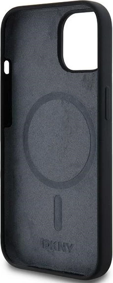 Ovitek za telefon iz tekočega silikona, DKNY, z belim logotipom, MagSafe, za iPhone 15 Plus / 14 Plus, črn