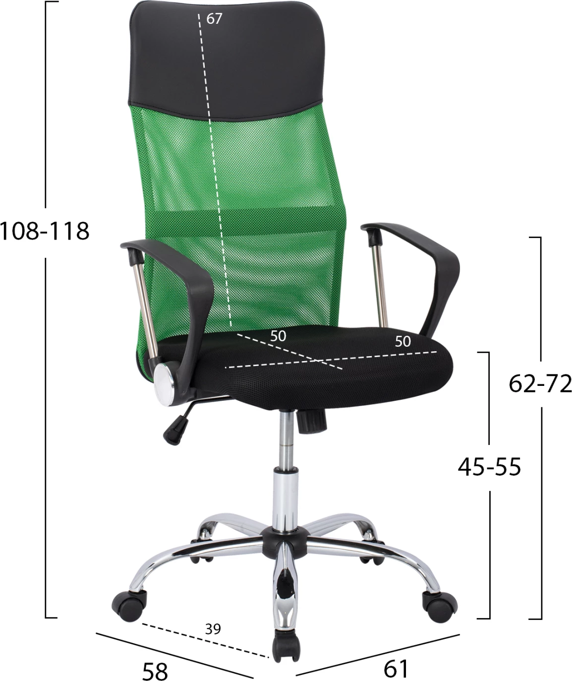 Pisarniški stol FH1000.03 Črna Zelena Mreža kromirana noga 61x58x118