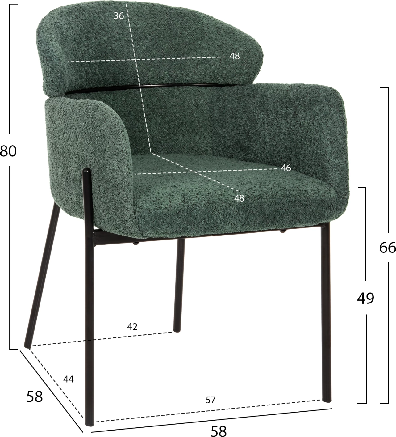 Naslanjač WOLF FH8583.03 v petrolej zeleni boucle tkanini s črnimi kovinskimi nogami 58x58x80H cm, set 2 kosov