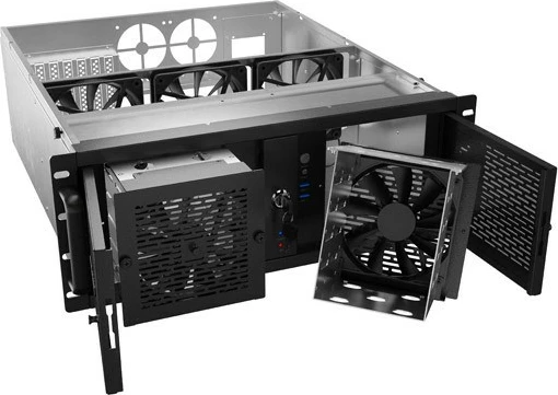 Strežniška ohišja Lanberg SC01-5204-12B, 4U, za 19", ATX/ITX/Micro ATX/SSI-CEB, 13 mest za diske, 5 ventilatorjev, črno/kovina