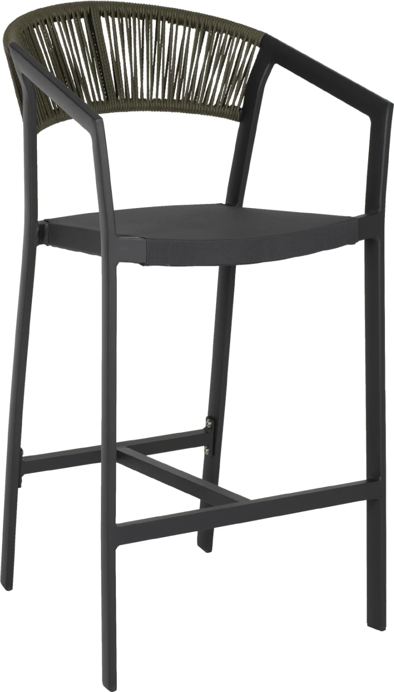 Barski stol iz aluminija v antracitni barvi z nasloni za roke - PE ratan olivno zelene barve - tekstil 56x58x105H cm. FH5892.04