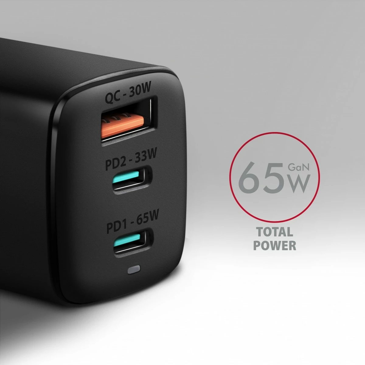 GaN polnilec AXAGON ACU-DPQ65, 65W, 3 vhodi (USB-A + 2× USB-C), črn