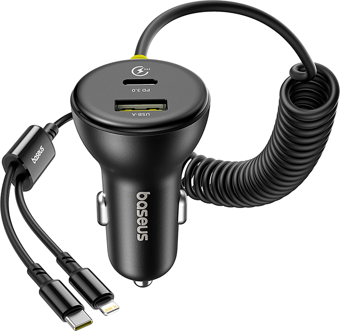Hitri avto polnilec Baseus Circular, 60W, USB-A + USB-C, vgrajen kabel Lightning + USB-C 1,4 m, črn