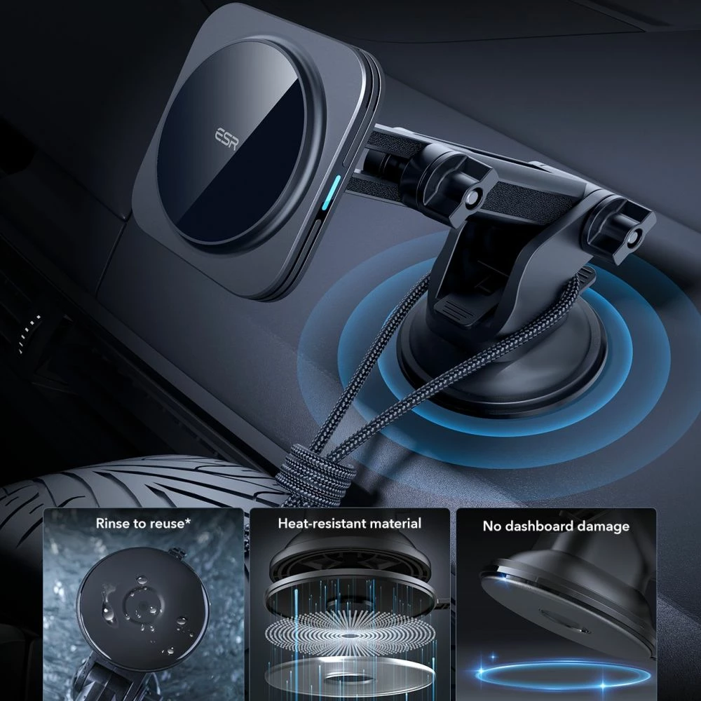 Magnetni avtomobilski nosilec za hitro brezžično polnjenje 15W ESR HaloLock MagSafe Qi2, črn