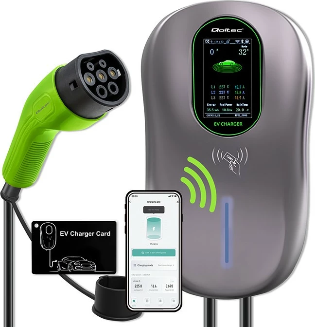 Stacion za polnjenje električnih vozil, Qoltec 52430, Type 2, 22 kW, 3-fazni, Wi‑Fi, LCD, RFID, 5 m, črno/zelena
